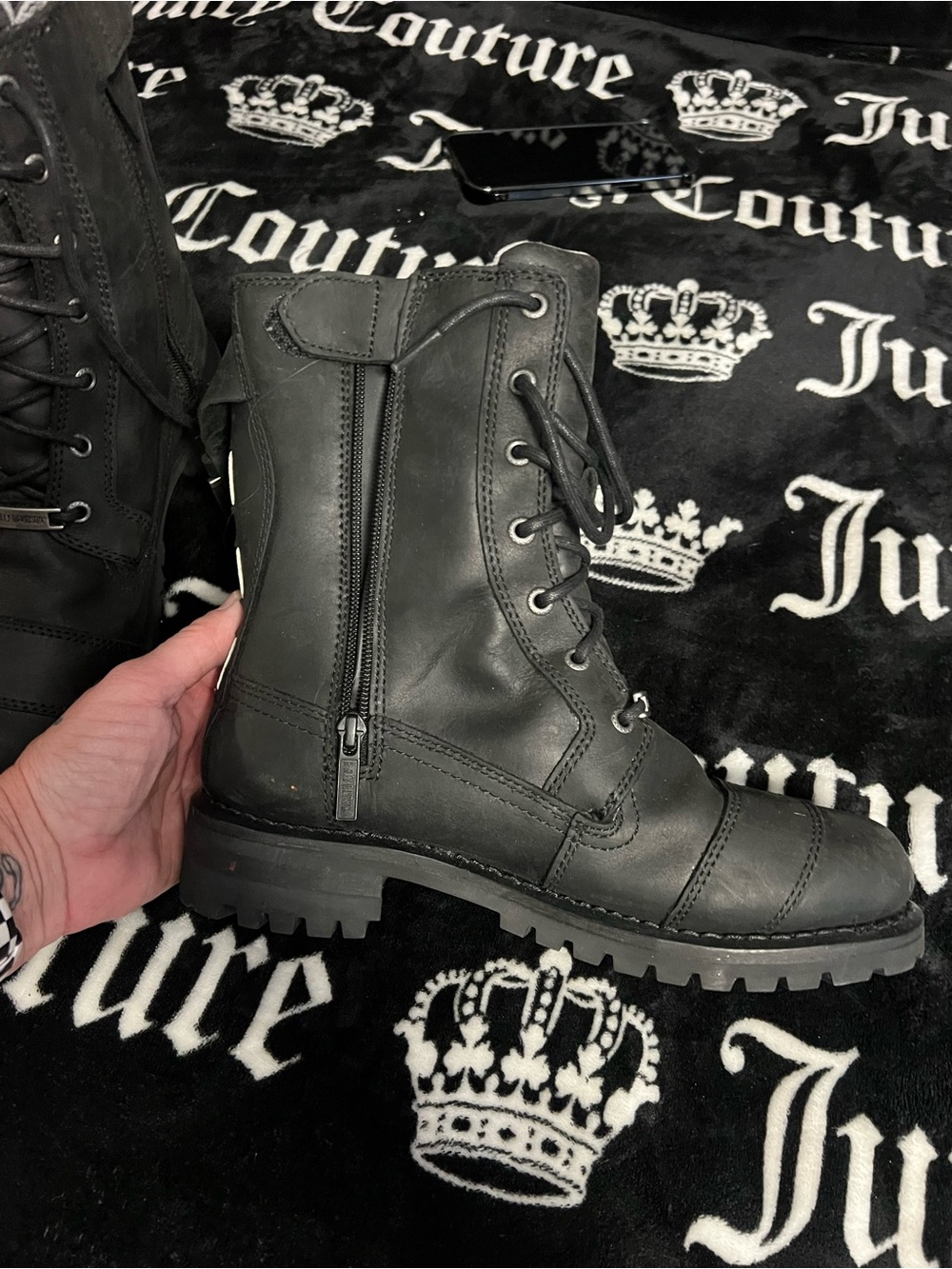 Harley-Davidson Black Leather Lace-Up Motorcycle Boots with Orange Sole Logo - Picture 4 of 5